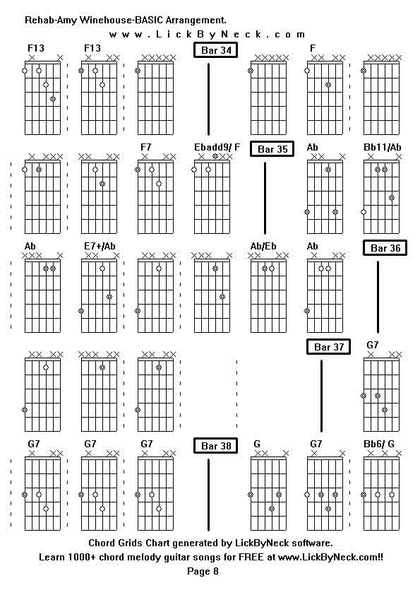 Chord Grids Chart of chord melody fingerstyle guitar song-Rehab-Amy Winehouse-BASIC Arrangement,generated by LickByNeck software.